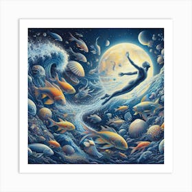 Swimming Mermaid In The Sea Art Print