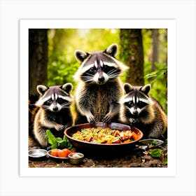 Three Raccoons Eating Food Art Print