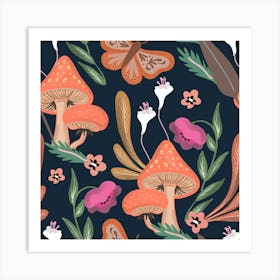 Mushrooms Red Dark Pattern Art Print