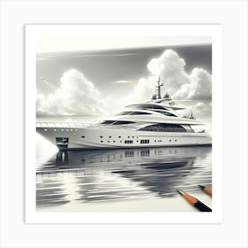 A Pencil Drawing Of A Luxury Yacht On A Lakefront Art Print