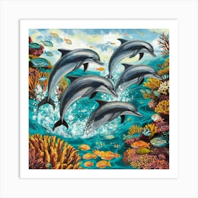 A Rustic Painting Style Of Playful Dolphin Art Print