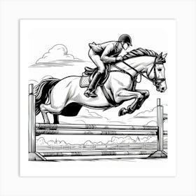 Line Art rider on horse jumping over obstacle 2 Art Print