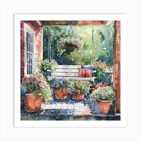 The Porch at The Farmhouse | Swing and Potted Plants Watercolor Painting | Idyllic Country Living Home Sweet Home Americana Art Print