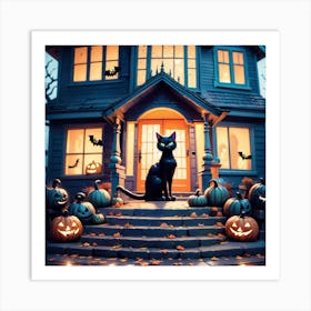Halloween House With Black Cat Art Print