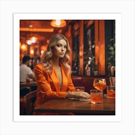 Blond Woman In Orange Dress In A Restaurant Art Print