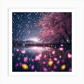 Pink Cherry Blossom Petals in the Rain Art Print