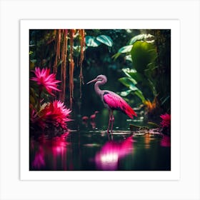 Reflections of the Exotic Flowers and Pink Legged Wading Bird of the Jungle Art Print