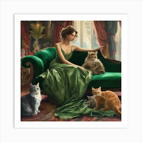 Decadent Young Woman After The Dance With Cats Green Sofa Art Print