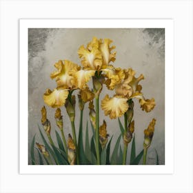 Golden Elegance Intricate Yellow Irises Against A Muted Backdrop (3) Art Print