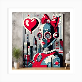 A Pop Art and Futuristic Painting of a Robot with Pearl Earrings and a Red Bow, with a Heart-Shaped Balloon and a Cityscape as Elements 1 Art Print