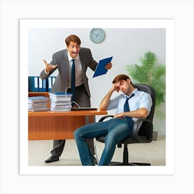 A Salesperson Trying To Sell A Product To A Very Uninterested Customer Who Is Asleep In Their Chair, Starting To Sweat From The Effort 1 Art Print