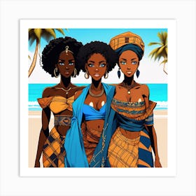 4 Gorgeous Black Women With African Clothes On With Blue Eyes On The Beach Anime Style 56907809 Art Print