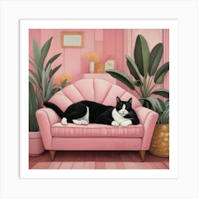 Default Cat Nap Tuxedo Cat Napping In Pink Interior Art 2 Art Print