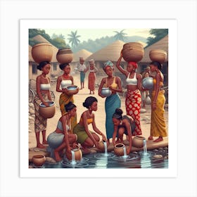  African ladies at the the stream to fetch water, Canvas Print Art Print