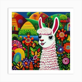 Colorful Llama Surrounded By Flowers Painting Art Print