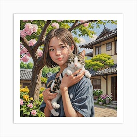 Girl Holding A Cat Art Print