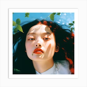 Korean girl in white dress surrounded by leaves. 2023 Art Print
