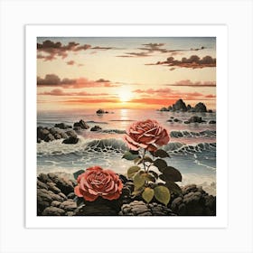 Leonardo Diffusion Xl A Rose Sitting On A Rocky Shore At Sunse 0 Art Print