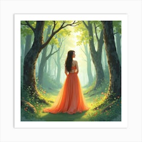 Graceful Lady In Watercolor Attire, Majestic Forest Glen 1 Art Print