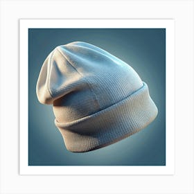 White Knit Beanie Hat On A Blue Background Art Print