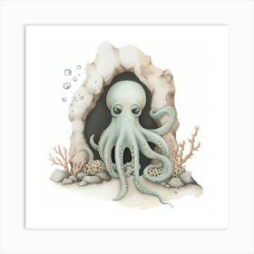 Storybook Style Octopus In A Cave 2 Art Print