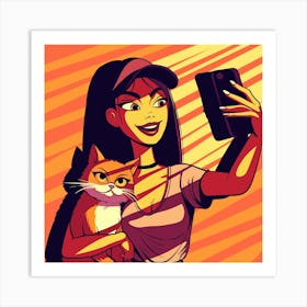 Cartoon Girl Taking Selfie With Cat Art Print