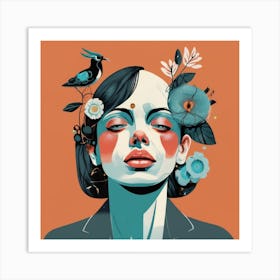 Woman With Flowers On Her Head Art Print