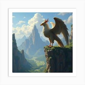 A Fierce Griffin Perched On A Craggy Cliff, Overlooking A Vast Kingdom 1 Art Print