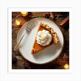 Top View Of A Pumpkin Pie Slice Adorned With A Dollop Of Whipped Cream Resting On A Rustic Wooden T Art Print