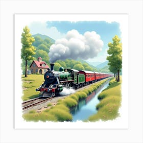 Elegant Locomotive Passing Through A Tranquil Watercolor Village 1 Art Print