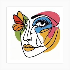 Cubism Meets Nature: A Single Line Drawing of a Woman’s Face with a Butterfly Art Print