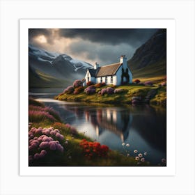 Scottish cottage by a loch Art Print