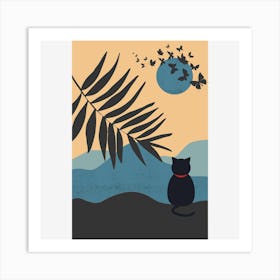 Cat Watching The Moon Art Print