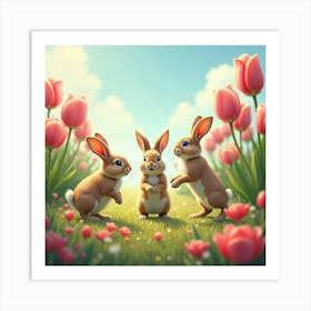 A Group Of Playful Rabbits Frolicking Through A Meadow Filled With Giant Tulips And Roses Art Print