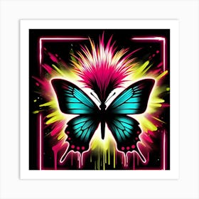 A Flashy Butterfly With A Neon Mohawk, Inspired By The Street Art Of Banksy, With A Bold Black And Neon Color Scheme, Where The Butterfly Is In Focus And The Background Is Blurred Into Neon Shapes, Framed With Abstract Brush Strokes Art Print