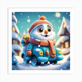 Snowman In A Toy Car - Winter Art Print