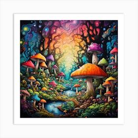 Colorful, psychedelic style Mushroom Forest Art Art Print