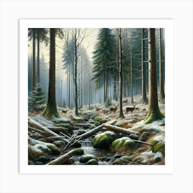 Deer In The Winter Calm Woods, Acrylic Painting Style Art Print