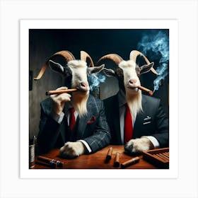 Two Goats Smoking Cigars Art Print