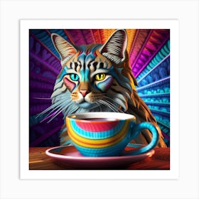 Cat With A Cup Of Coffee Whimsical Psychedelic Bohemian Enlightenment Print Art Print