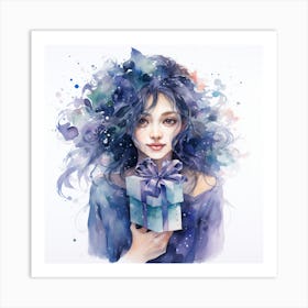 Watercolor Of A Girl Holding A Present Art Print