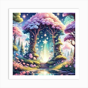 A Fantasy Forest With Twinkling Stars In Pastel Tone Square Composition 314 Art Print