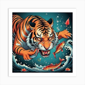 Tiger Hunting A Fish Poster