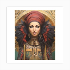 The image depicts a woman with long, dark hair and a red headdress, wearing a gold necklace and earrings. She is standing in front of a gold background with intricate patterns and designs. Art Print