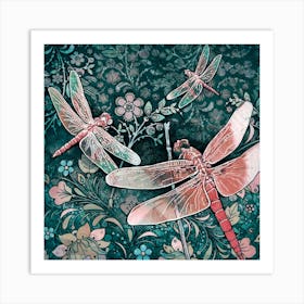 Three Dragonflies (Red) Art Print