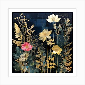 Gold And Black, Flowers On Black pink flowers 1 Art Print