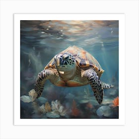 A majestic turtle gracefully glides through crystal-clear waters, optimistic painting Art Print