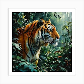 Eyes Of The Jungle Wall Art – A Tiger S Gaze Amidst Rainforest Mystiq Art Print