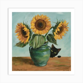 Vase With Three Sunflowers With A Black Cat, Van Gogh Inspired 11 Art Print