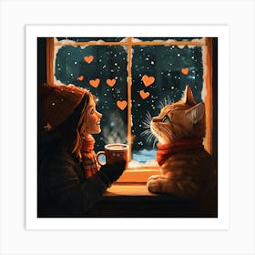 Cat and Person Sharing Hot Cocoa Artwork Art Print